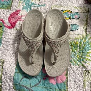 CROCS Women's Light Gray Sandals with Rhinestone Details